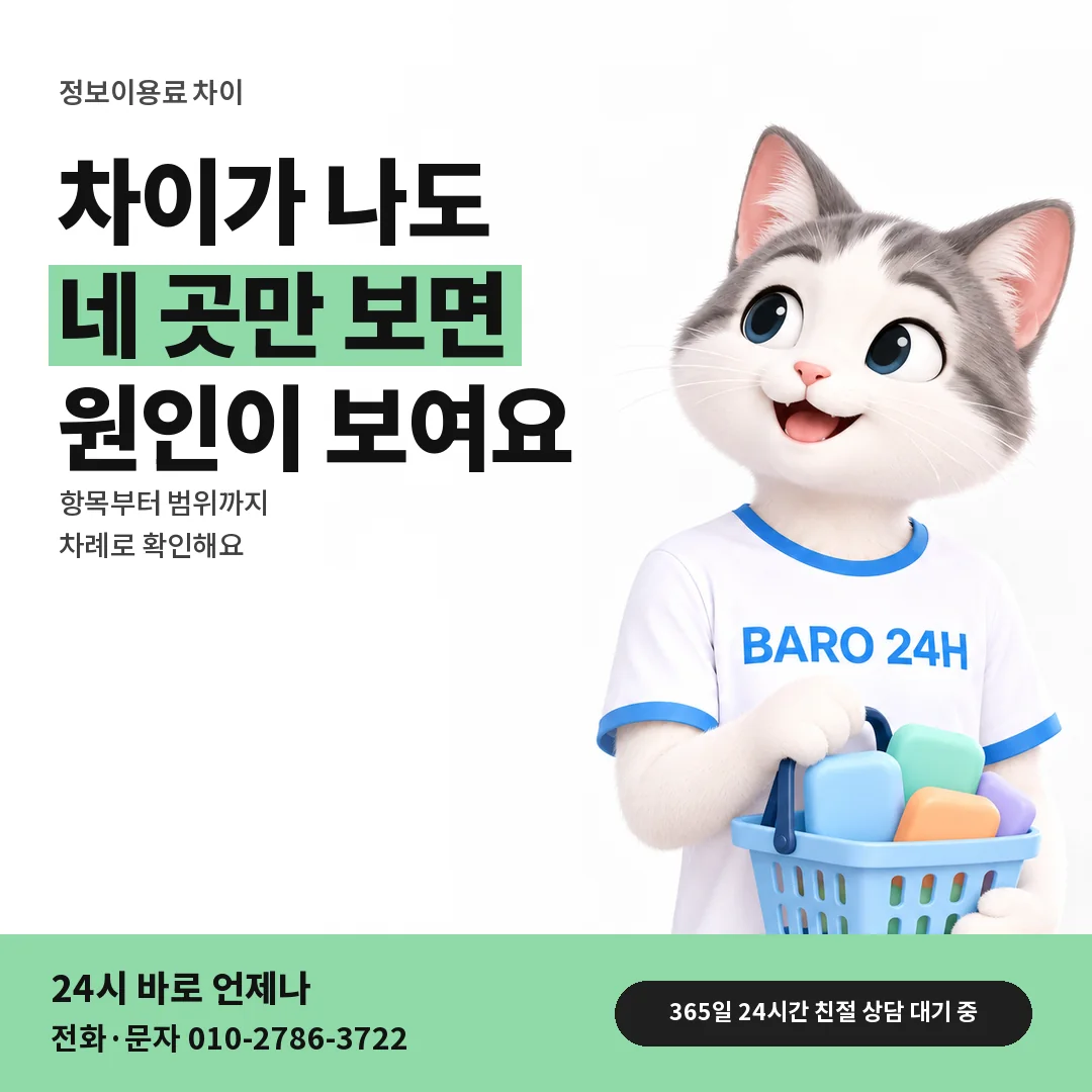 BARO 24H 티셔츠를 입은 3D 동물 캐릭터 옆에 「정보이용료 한도와 내역이 달라 보일 때」 제목을 얹은 안내 카드