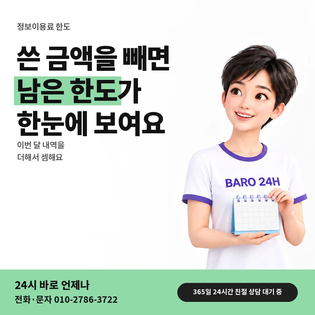 BARO 24H 티셔츠를 입은 3D 인물 옆에 「정보이용료 쓴 금액과 남은 한도」 제목을 얹은 안내 카드